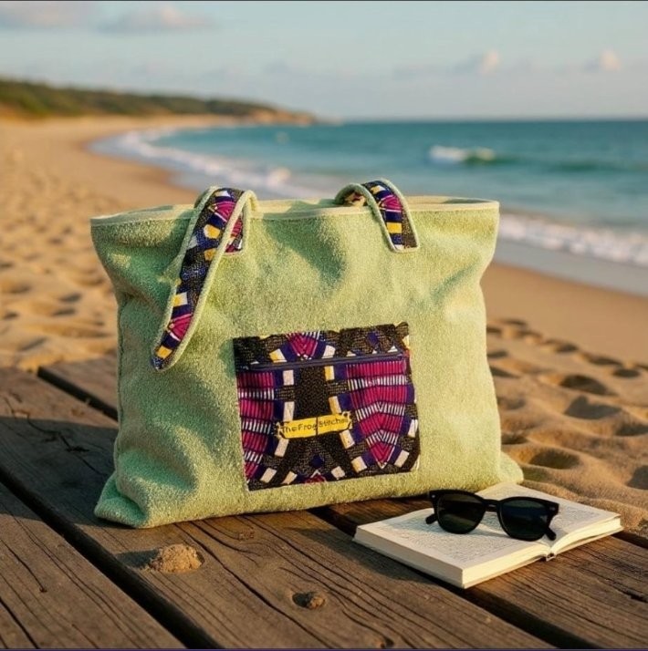 Handmade green beach bag with African print pocket