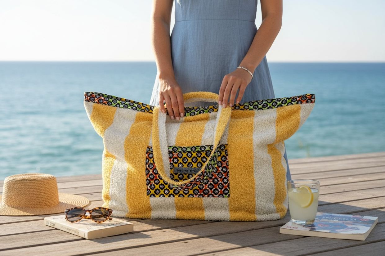 Handmade blue floral beach bag on sandy beach