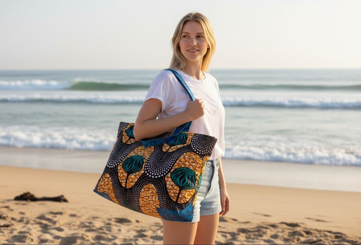 Handmade yellow beach bag on pier